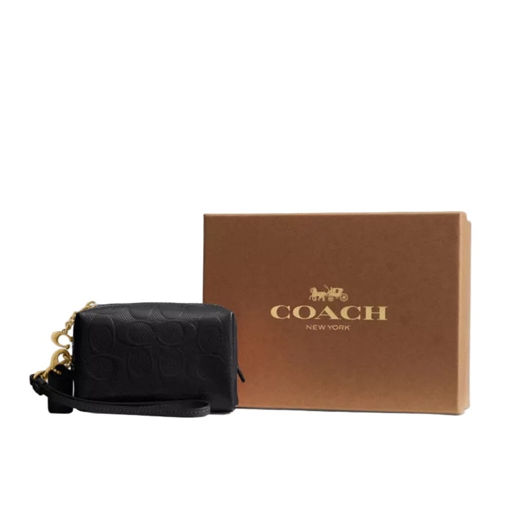 Coach Boxed Essential Mini Cosmetic Pouch Wristlet Black Signature Leather NWT - Picture 8 of 8